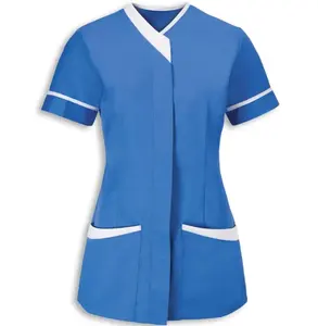 60 % Polyester 40% Cotton cleaner Contrast Trim Cleaning Tunic hotel staff working short sleeve scrubs