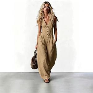 Combinaison d'été décontractée pour <span class=keywords><strong>femme</strong></span>, col en V, coupe ample, jambes larges, sans manches, longue, avec poches, tenue quotidienne, vêtement <span class=keywords><strong>de</strong></span> <span class=keywords><strong>travail</strong></span> - Product Image 4