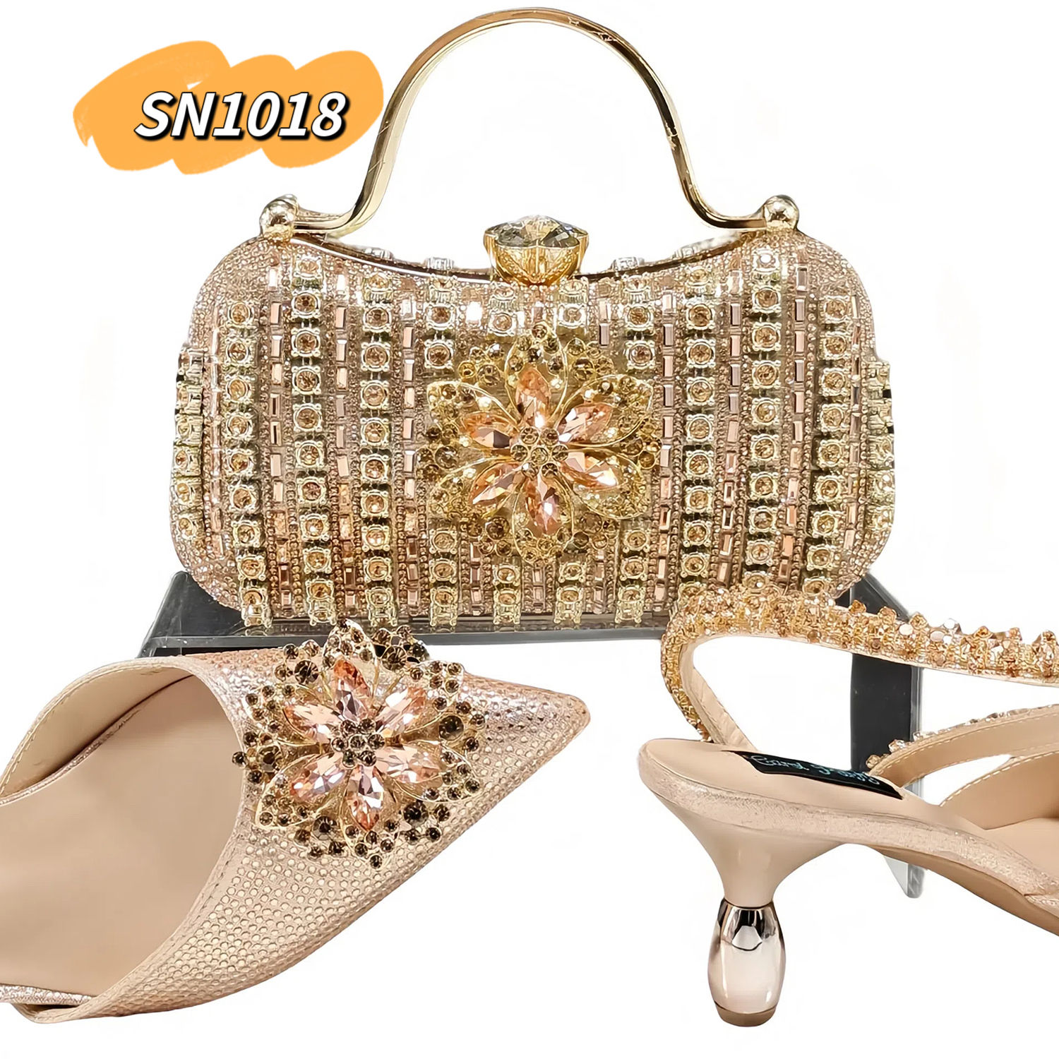 Peach Shoes and Matching Bag Rhinestone Heels Clutch Set