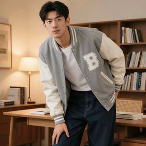 Nueva Chaqueta de Béisbol a Cuadros en Color Gris-Lazúro para Hombre con la Letra "B" y Corte Holgado Informal - Product Image 5