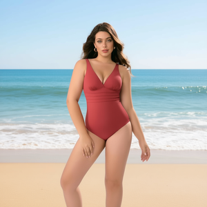 Costume da bagno intero HDJ Plus Size con scollo a V profondo, controllo pancia, vita alta, tinta unita, da donna BZ77036 - Product Image 4