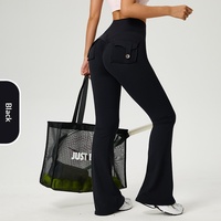 Pantalon de yoga taille haute évasé couleur pêche effet seconde peau pour femme avec poches boutonnées, contrôle du ventre, en Spandex/Nylon, longueur intégrale