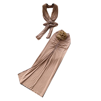 Ensemble élégant haut noué à col halter et jupe longue froncée taille haute pour femme, idéal pour les vacances d'été et les soirées