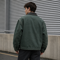 Veste Homme OEM ODM en Toile Lavée, Col Pointu, Fermeture Éclair Intégrale, Appliques, Poches Plaquées, Style Décontracté, Vêtement de Travail, Streetwear