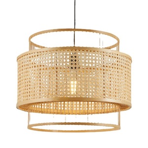 Lustre rond en bambou tissé de style japonais, luminaire suspendu LED E27 pour chambre à coucher, bureau, décoration de maison d'hôtes - Product Image 1