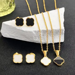 Stainless Steel Jewelry Set Women 18k gold plated 2pc/set Includes Earrings Necklace Four-Leaf Clover Design Parties