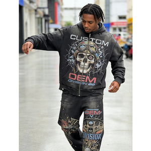 Ensemble deux pièces de sweat à capuche pour homme, coupe ample et oversize, 400 GSM, épais, effet vieilli, avec impression numérique personnalisée OEM, style vintage usé - Product Image 2
