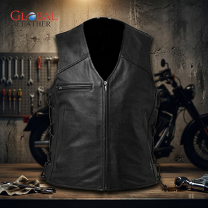 <b>Men's</b> High Quality Canvas Waistcoat with Laces <b>Black</b> Casual Leather <b>Vest</b> Breathable New Design OEM for Motorbike - Product Image 3