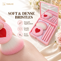 YANJIE Ensemble de 4 pinceaux de maquillage portables avec étui miroir rose, pinceaux pour le blush et les yeux, trousse de cosmétiques de voyage