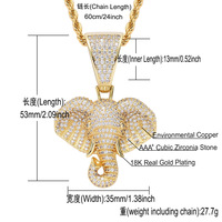 Collier Pendentif Tête d'Éléphant Entièrement Sertie de Zircons en Or 18K, Bijou de Cou Unisexe Style Hip Hop, Vente en Gros