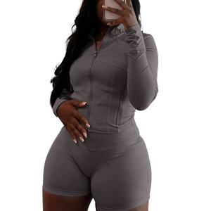 For Fashion Women's Casual Sports 2-Piece Set Sexy <b>Tight</b> Long Sleeve Top & Above Knee Shorts Solid <b>Pattern</b> Casual & Stylish - Product Image 4