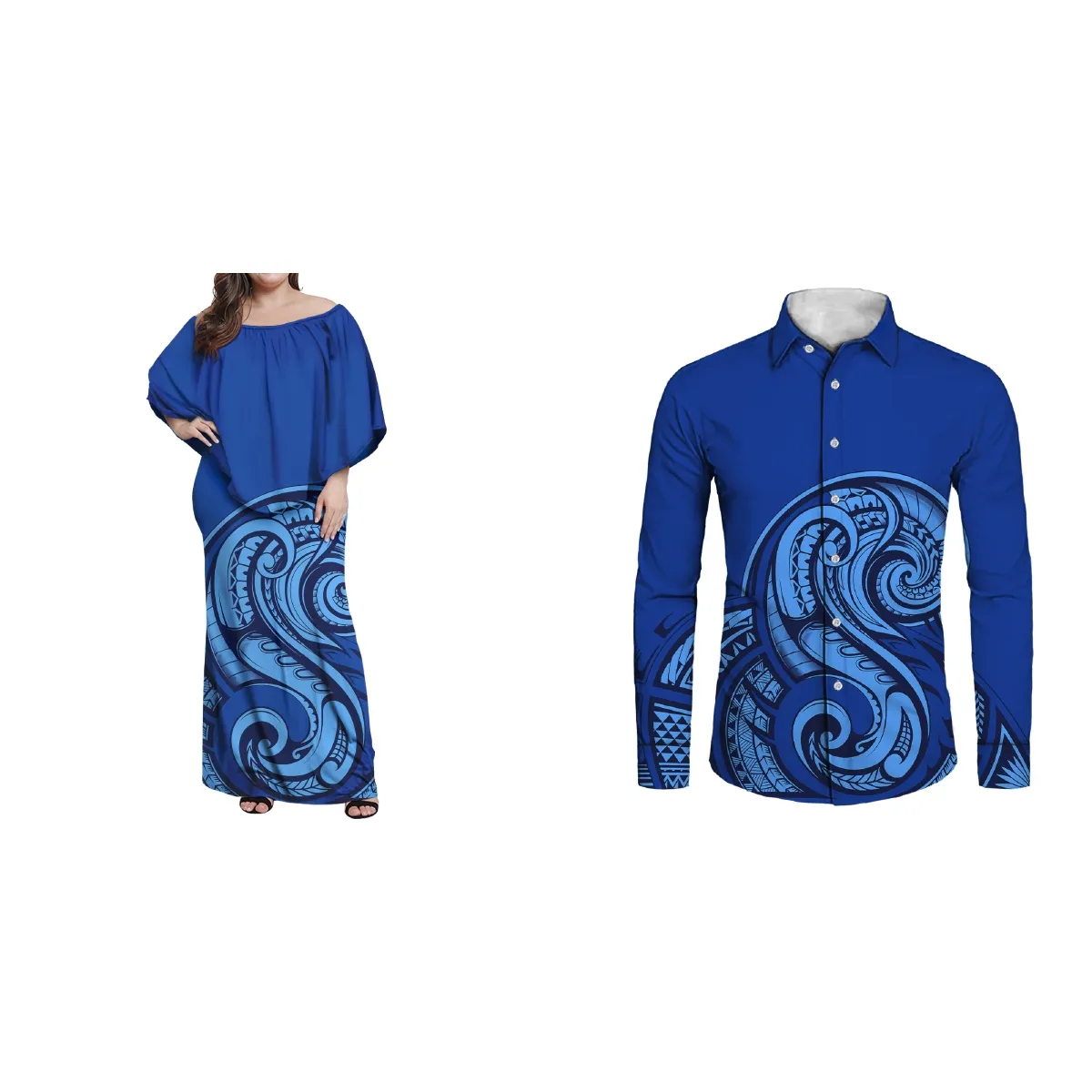 New Big Size Polynesian Tribal Tattoo Long Poncho Off Shoulder Dress Lady Matching Men's Aloha Shirts Blue Long Sleeve Puletasi