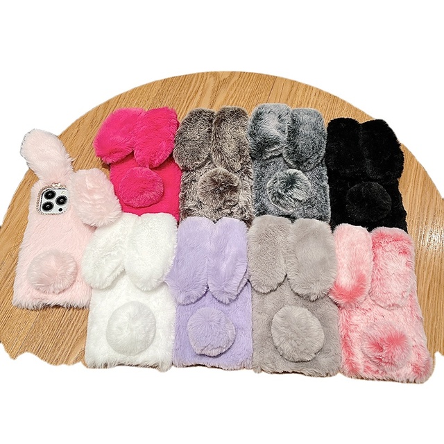 2025 New products fluffy Cute Rabbit Ears phone case for iPhone 14 pro max Warm cover soft TUP+PC