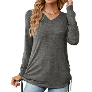 Blusa <span class=keywords><strong>de</strong></span> <span class=keywords><strong>Moda</strong></span> Europea, Color Sólido, Manga Larga, Cuello en V, Camiseta Informal Holgada con Pliegues para Mujer, Primavera-Otoño - Product Image 4