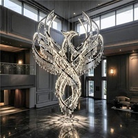 Lustre en cristal sculpté Phoenix, cadre en métal doré brossé, rideau de perles transparentes en cascade, suspension LED, sur mesure, géant