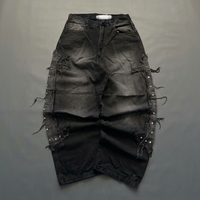Jean baggy vintage personnalisé à jambe large, style gothique, avec croix, patchs effilochés, clous métalliques, effet usé, Y2K, punk, streetwear, en denim