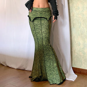 European American Retro <b>Printed</b> Mermaid <b>Maxi</b> <b>Skirt</b> Women Irregular Lace Trim Reverse Stitch Elastic Waist Slim Fit <b>Skirt</b> - Product Image 4