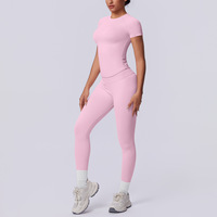 Ensemble deux pièces de yoga long, sans couture, en tricot extensible (Spandex/Nylon), anti-plis, couleur unie, ajusté et respirant, taille européenne transfrontalière