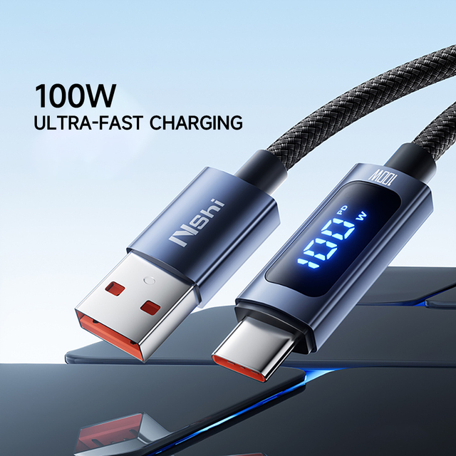 OEM ODM Nickel Plated  100W Data Cable 480Mbps Nylon Braided USB-C Fast Charge with LED Display for IOS Android