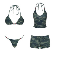 Maillot de bain femme personnalisé OEM, imprimé camouflage écologique, multi-pièces, avec tankini triangulaire perlé et short à cordon de serrage