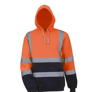 Men's road work high visibility stripe loose pullover sweater hooded sweatshirt tops streetwear hoodie with reflective tape