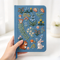Carnet à couverture rigide personnalisé avec broderie de lapin de la forêt et motif floral, marque-page en ruban, cadeau pour l'écriture