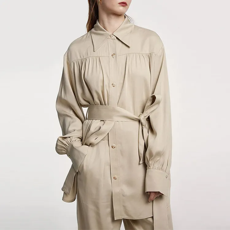 長袖レディースボタンアップフォーマルブラウス女性服メーカーエレガントなカスタムロゴプラスサイズのベルト付きシャツ