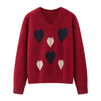 Pull en tricot jacquard rétro de Noël à motif cœur et losanges rouges pour femme, col en V, coupe ample, épaules tombantes, décontracté pour l'automne