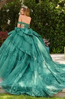 Robe de bal sans bretelles, épaules dénudées, illusion verte, appliqués floraux, robe de bal Quinceanera NYA00130