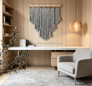 Tapisserie murale en <span class=keywords><strong>macramé</strong></span> Driftwood grise à franges <span class=keywords><strong>avec</strong></span> paillettes argentées et pompons, grande décoration murale bohème pour chambre et cheminée - Product Image 3