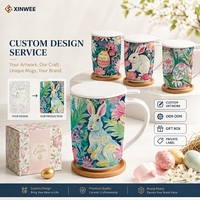 Tasse en céramique Lapin de Pâques avec couvercle, imprimé floral, logo personnalisé, OEM ODM, marque privée, vente en gros, saisonnier, cadeau de détail, ensemble de vaisselle