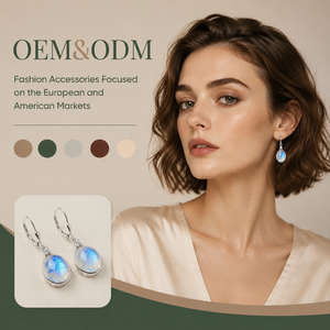 Boucles d'oreilles pendantes ovales en argent plaqué avec pierre de lune et petit zircon, fermoir à levier, pour femmes, bijoux en pierres précieuses, vente en gros OEM/ODM - Product Image 1