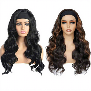 Perruque bandeau en soie glacée de 26 pouces, en fibre synthétique haute température, sans colle, noire et <span class=keywords><strong>marron</strong></span>, <span class=keywords><strong>cheveux</strong></span> longs bouclés ondulés pour femmes - Product Image 5