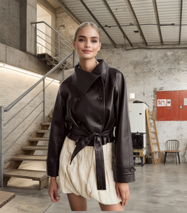 2025 otoño nueva ropa de mujer estilo europeo moda doble botón manga <span class=keywords><strong>larga</strong></span> forrado <span class=keywords><strong>chaqueta</strong></span> de cuero abrigo en Color café - Product Image 1