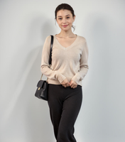 Pull en maille col V personnalisé pour femme, manches longues, couleur unie, bordure côtelée, décontracté, pour le bureau, vente en gros