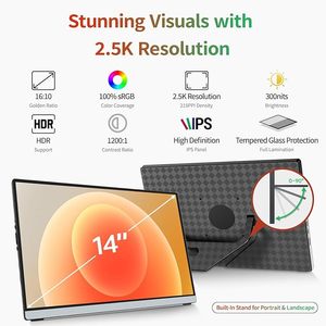 <span class=keywords><strong>Pantalla</strong></span> Táctil Portátil de 14 Pulgadas para Laptop 2560x1600, 16:10, Monitor de Viaje con Vidrio Templado, 100% SRGB, USB y HDMI - Product Image 1