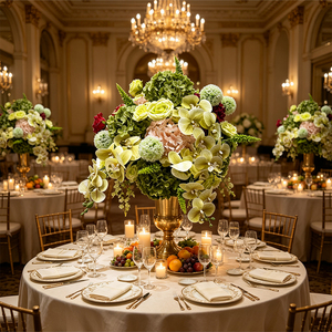 Centro de Mesa Moderno Hecho a Mano con Flores de Seda en Tono Verde Suave, Orquídeas y Hortensias para Decoración de Bodas y Hoteles - Product Image 2