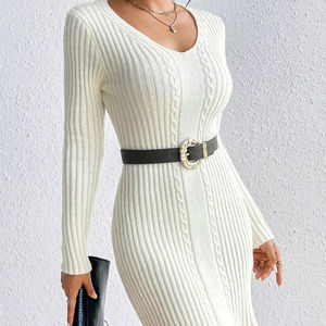 Vestido Curto Elegante OEM de Malha Canelada com Manga Longa e Decote V - Product Image 1