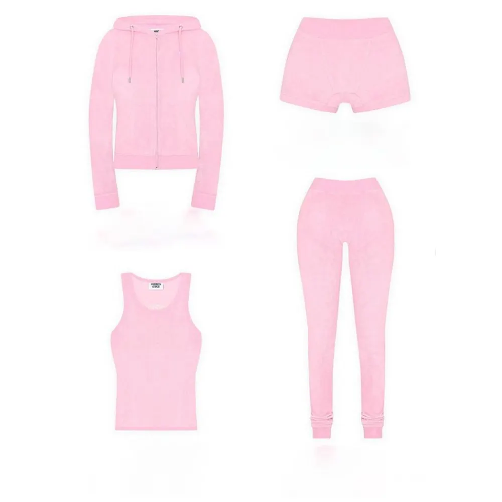 womens streetwear fashion 2022 Terry baby pink zip hoodie with embroidery logo high waist leggings 4 Piece Set for Woman