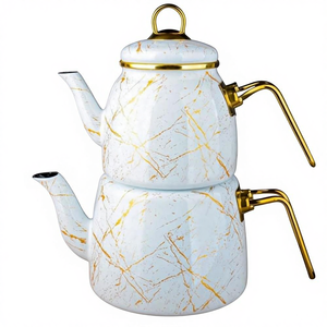 Set <span class=keywords><strong>da</strong></span> Tè Turco Vintage con Teiera Smaltata, Infusore, Tazze e <span class=keywords><strong>Bicchieri</strong></span> per Feste, Design Floreale, Origine Cina (Bianco-Oro) - Product Image 1