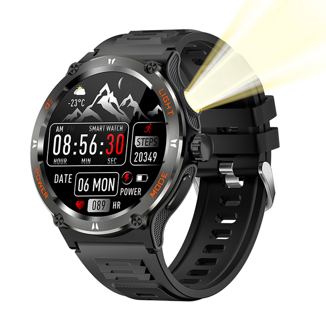 New Hot Outdoor Round KT76 Smart Watches Flashlight Step Distance Calorie Count Fitness Smartwatch