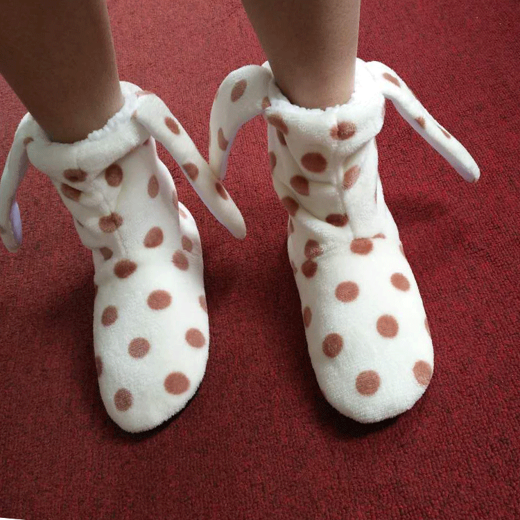 Новинка, домашние сапоги из ПВХ с кроличьими ушками для взрослых, Нескользящие домашние теплые плюшевые сапоги в горошек, обувь для раннего развития