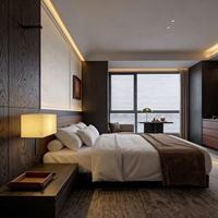 Ensemble de lit king-size en bois massif moderne sur mesure, directement de l'usine, avec table de chevet intégrée pour projet d'hôtel de luxe