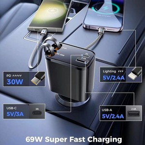Adaptateur rapide USB-C PD 4-en-1 rétractable pour voiture avec lumière d'ambiance étoilée, station de charge rapide portable pour téléphone - Product Image 3