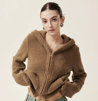 Cardigan court à capuche entièrement zippé en fausse fourrure marron Teddy, personnalisable, de haute qualité, pour femme, collection automne, avec poignets évasés et poches latérales
