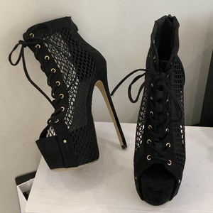 Sandalias de tacón de aguja estilo 2025, con punta abierta y malla hueca, sexys, para fiesta, para mujer, de moda, en negro - Product Image 4
