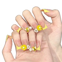 Faux Ongles à Presser Personnalisables en Gros, Design Mignon Abeille et Fleur 3D, Jaune Nude, French Manucure Carrée, en Acrylique, 10 Pièces, Usage Quotidien