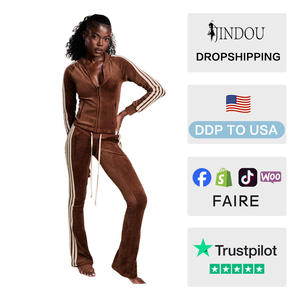 ชุดวอร์มกำมะหยี่แบบกำหนดเองสำหรับผู้หญิง คอลเลคชั่นใหม่ปี 2025 แจ็คเก็ตวอร์มกำมะหยี่มีซิปและเชือกผูกข้าง พร้อมกางเกงขายาว ชุดเซ็ต 2 ชิ้น - Product Image 2