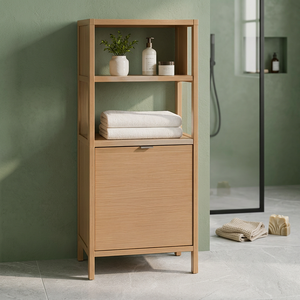 Modern <b>Teak</b> Wood Bathroom Linen Cabinet with 2 Open <b>Shelves</b> and 1 Door - Product Image 3