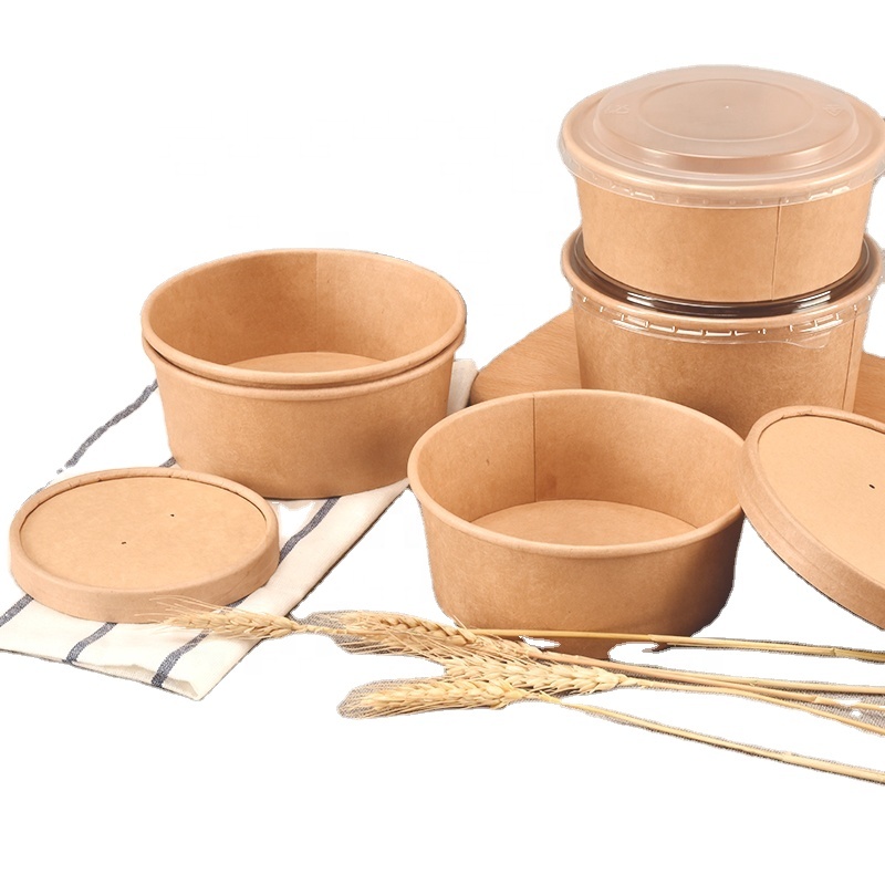 Disposable Kraft Paper Round Recyclable 1300ml Salad Sushi & Pizza Waterproof Oil Proof Plates/Bowls with Lids for Snack Bread